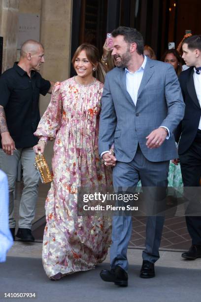 Jennifer Lopez and Ben Affleck are seen leaving Hôtel de Crillon on July 23, 2022 in Paris, France.