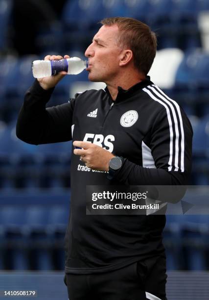 Brendan Rodgers, Manager of Leicester City reacts during the Pre-Season Friendly Match between Preston North End and Leicester City at Deepdale on...