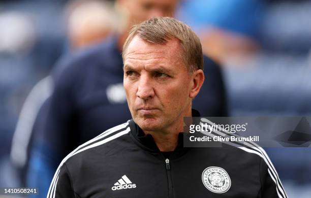 Brendan Rodgers, Manager of Leicester City walks off the pitch at half time during the Pre-Season Friendly Match between Preston North End and...