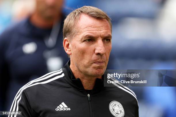 Brendan Rodgers, Manager of Leicester City walks off the pitch at half time during the Pre-Season Friendly Match between Preston North End and...