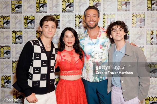 Asher Angel, Lucy Liu, Zachary Levi, and Jack Dylan Grazer attend the Warner Bros. "Black Adam" and "Shazam" press line during 2022 Comic-Con...