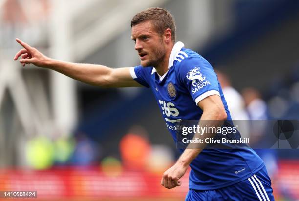 Jamie Vardy of Leicester City reacts during the Pre-Season Friendly Match between Preston North End and Leicester City at Deepdale on July 23, 2022...