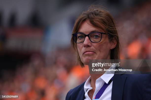 Corinne Diacre Head coach of France reacts prior to kick off in the UEFA Women's Euro England 2022 Quarter Final match between France and Netherlands...