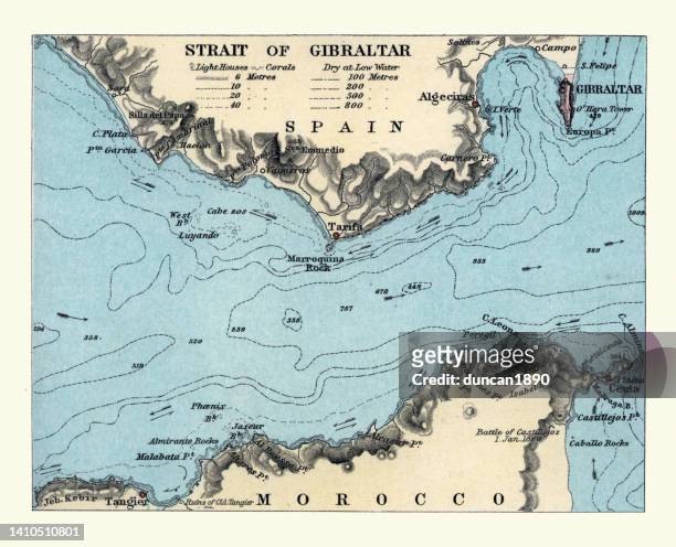 antike karte, seekarte der straße von gibraltar, viktorianische 1890er jahre, 19. jahrhundert - menai straits stock-grafiken, -clipart, -cartoons und -symbole