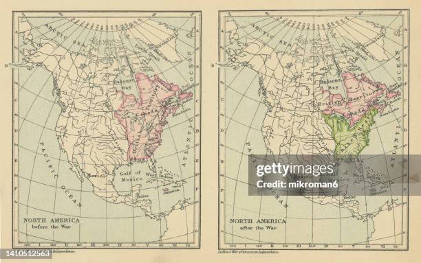 old engraved map of north america before and after american revolutionary war 1775-1783 - war of independence ireland stock pictures, royalty-free photos & images