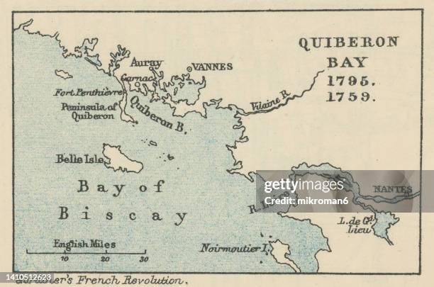 old engraved map of quiberon bay, area of sheltered water on the south coast of brittany, france in 1795 - キブロン ストックフォトと画像