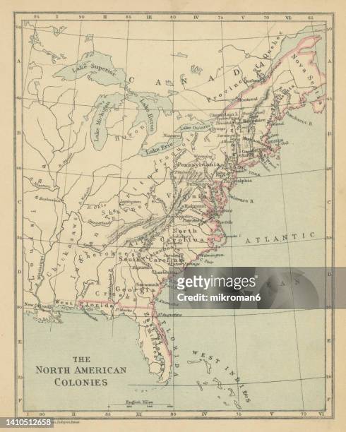 old chromolithograph map the north american colonies - colony fotografías e imágenes de stock