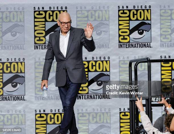Patrick Stewart speaks onstage at the Star Trek Universe Panel during 2022 Comic Con International: San Diego at San Diego Convention Center on July...