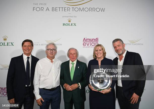 Laurent Delaney of Rolex, Frank Riboud, President of the Evian Championship, Sir Jackie Stewart, award recipient Betsy King, and Jaques Bungert,...