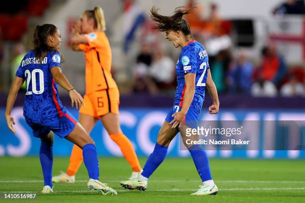 Eve Perisset celebrates with Delphine Cascarino of France after scoring their team's first goal from the penalty spot during the UEFA Women's Euro...