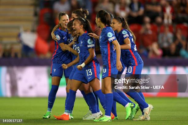 Eve Perisset of France celebrates with teammates after scoring their team's first goal during the UEFA Women's Euro 2022 Quarter Final match between...