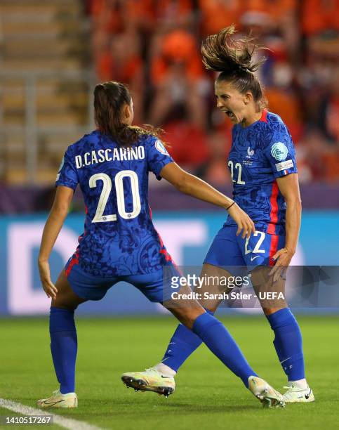 Eve Perisset celebrates with teammate Delphine Cascarino of France after scoring their team's first goal during the UEFA Women's Euro 2022 Quarter...