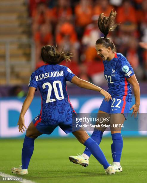 Eve Perisset celebrates with teammate Delphine Cascarino of France after scoring their team's first goal during the UEFA Women's Euro 2022 Quarter...