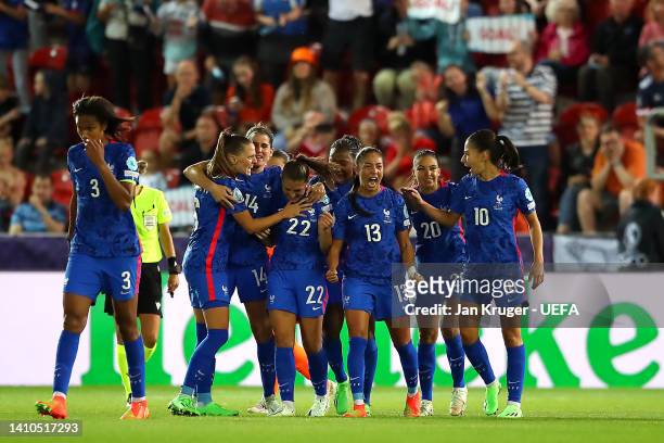 Eve Perisset of France celebrates with teammates after scoring their team's first goal during the UEFA Women's Euro 2022 Quarter Final match between...