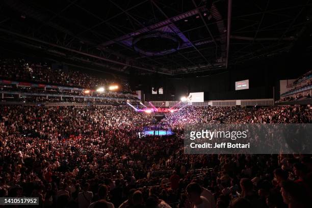 General view of the Octagon during the UFC Fight Night event at O2 Arena on July 23, 2022 in London, England.