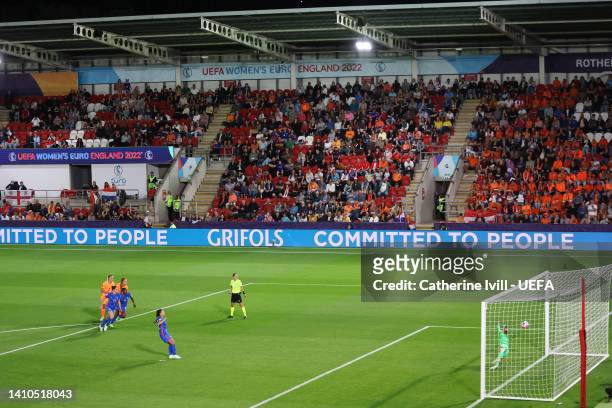 Eve Perisset of France scores their team's first goal from the penalty spot during the UEFA Women's Euro 2022 Quarter Final match between France and...
