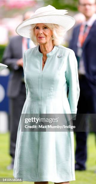 Camilla, Duchess of Cornwall attends the QIPCO King George Diamond Day, where she presented the prizes to the winners of The King George VI and Queen...