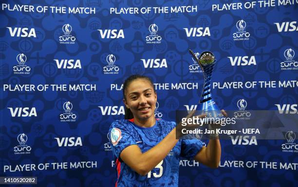 Selma Bacha of France is presented with the VISA Player Of The Match Award after their sides victory during the UEFA Women's Euro 2022 Quarter Final...