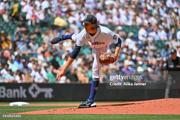 Logan Gilbert of the Seattle Mariners throws a pitch during the fifth inning against the Houston Astros at T-Mobile Park on July 23, 2022 in Seattle,...