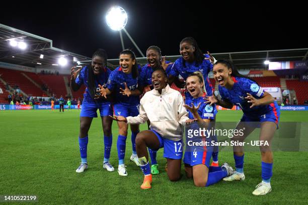 Griedge Mbock Bathy, Kenza Dali, Melvine Malard and Marion Torrent of France celebrate after their sides victory during the UEFA Women's Euro 2022...