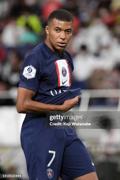 Kylian Mbappe of Paris Sait-Germain looks on during the preseason friendly between Paris Saint-Germain and Urawa Red Diamonds at Saitama Stadium on...