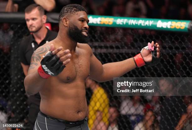 Curtis Blaydes reacts after opponent Tom Aspinall of England suffered an apparent injury in a heavyweight fight during the UFC Fight Night event at...
