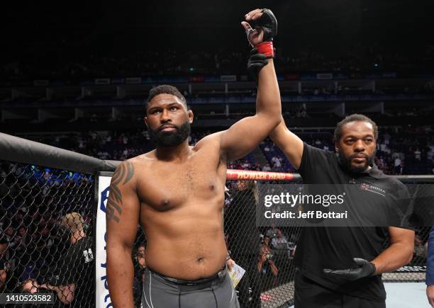 Curtis Blaydes reacts after his TKO victory over Tom Aspinall of England in a heavyweight fight during the UFC Fight Night event at O2 Arena on July...