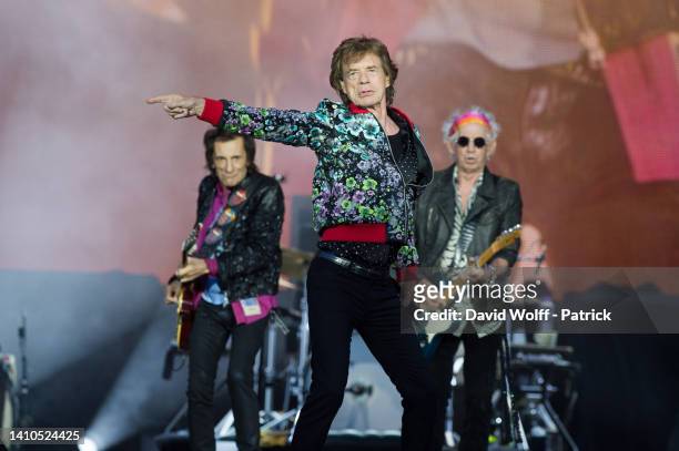 Mick Jagger, Keith Richards, and Ronnie Wood from The Rolling Stones perform at Hippodrome de Longchamp on July 23, 2022 in Paris, France.