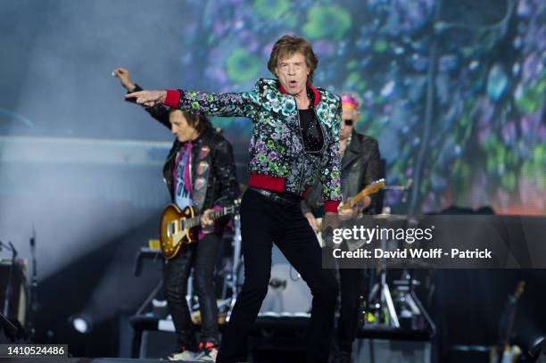 Mick Jagger, Keith Richards, and Ronnie Wood from The Rolling Stones perform at Hippodrome de Longchamp on July 23, 2022 in Paris, France.