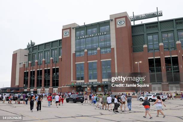 Fans arrive outside the stadium ahead of the pre-season friendly match between Bayern Munich and Manchester City at Lambeau Field on July 23, 2022 in...