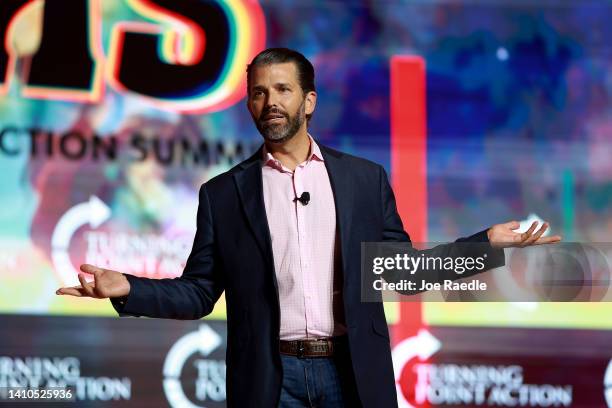 Donald Trump Jr.speaks during the Turning Point USA Student Action Summit held at the Tampa Convention Center on July 23, 2022 in Tampa, Florida. The...