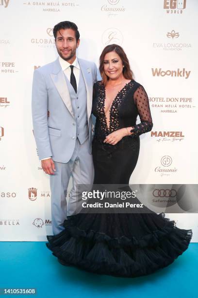 Gianmarco Onestini and Maria Bravo attend the Global Gift Gala Red Carpet at Hotel Don Pepe on July 23, 2022 in Marbella, Spain.