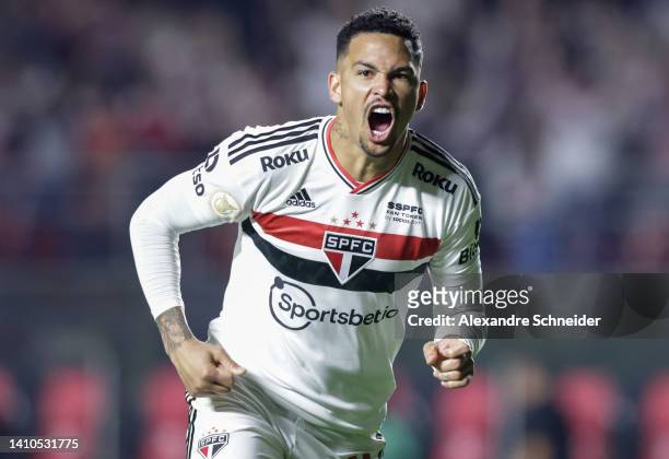 Luciano of Sao Paulo celebrates the third goal of his team during a match between Sao Paulo and Goias as part of Brasileirao Series A 2022 at Morumbi...
