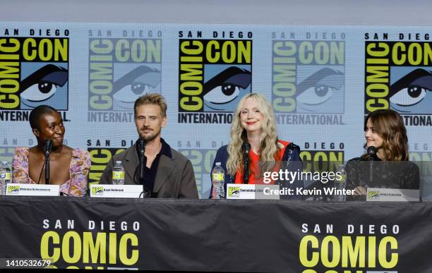 Vivienne Acheampong, Boyd Holbrook, Gwendoline Christie, and Jenna Coleman speak onstage during "The Sandman" special video presentation and Q&A...