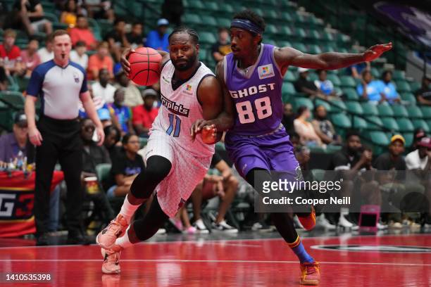 Jeremy Pargo of the Triplets drives against Mike Taylor of the Ghost Ballers during BIG3 Week Six at Comerica Center on July 23, 2022 in Frisco,...