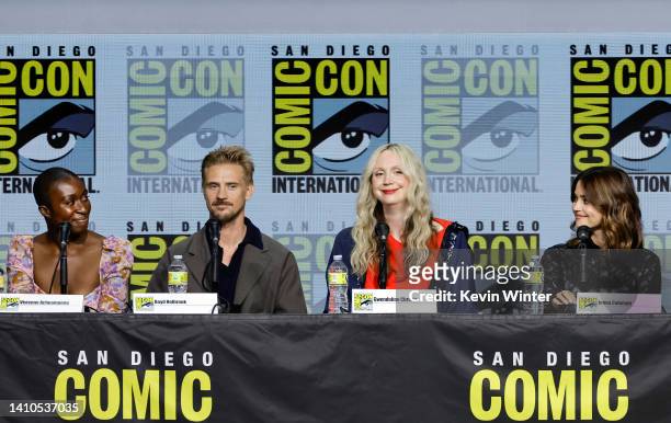 Vivienne Acheampong, Boyd Holbrook, Gwendoline Christie, and Jenna Coleman speak onstage during "The Sandman" special video presentation and Q&A...