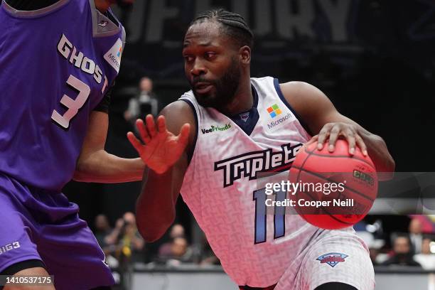 Jeremy Pargo of the Triplets takes the ball to the hoop against the Ghost Ballers during BIG3 Week Six at Comerica Center on July 23, 2022 in Frisco,...