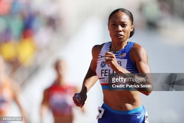 Allyson Felix of Team United States competes in the Women's 4x400m Relay heats on day nine of the World Athletics Championships Oregon22 at Hayward...
