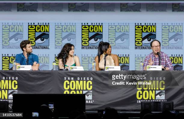 Jack Quaid, Noël Wells, Dawnn Lewis, and Mike McMahan speak onstage at the Star Trek Universe Panel during 2022 Comic Con International: San Diego at...