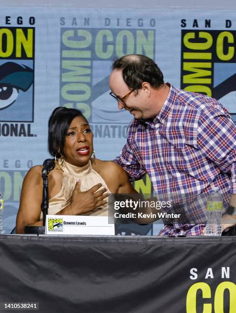 Dawnn Lewis and Mike McMahan speak onstage at the Star Trek Universe Panel during 2022 Comic Con International: San Diego at San Diego Convention...