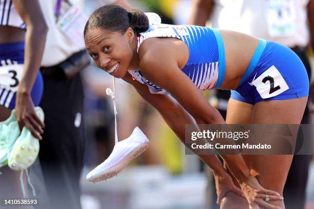 Allyson Felix of Team United States looks on after competing in the Women's 4x400m Relay heats on day nine of the World Athletics Championships...