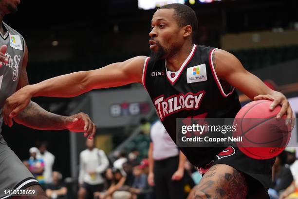 Isaiah Briscoe of the Trilogy drives toward the hoop against the Enemies during BIG3 Week Six at Comerica Center on July 23, 2022 in Frisco, Texas.