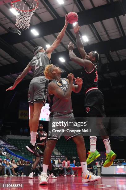 Isaiah Austin of the Enemies blocks the layup by Amir Johnson of the Trilogy during BIG3 Week Six at Comerica Center on July 23, 2022 in Frisco,...