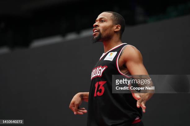 Isaiah Briscoe of the Trilogy reacts after a shot against the Enemies during BIG3 Week Six at Comerica Center on July 23, 2022 in Frisco, Texas.