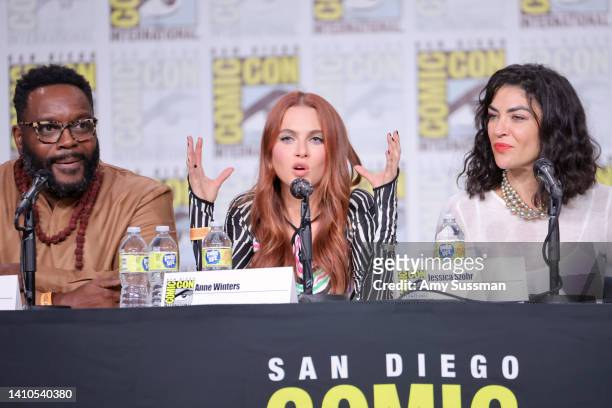 Chad L. Coleman, Anne Winters, and Jessica Szohr speak onstage at "The Orville: New Horizons" panel during 2022 Comic-Con International: San Diego at...