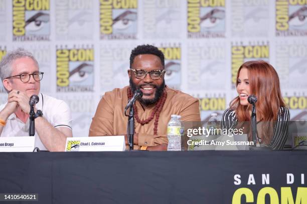 Brannon Braga, Chad L. Coleman, and Anne Winters speak onstage at "The Orville: New Horizons" panel during 2022 Comic-Con International: San Diego at...