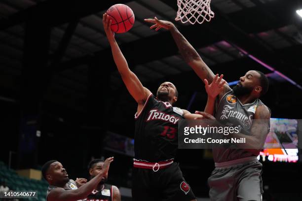 Isaiah Briscoe of the Trilogy elevates for the layup against Keith Benson of the Enemies during BIG3 Week Six at Comerica Center on July 23, 2022 in...