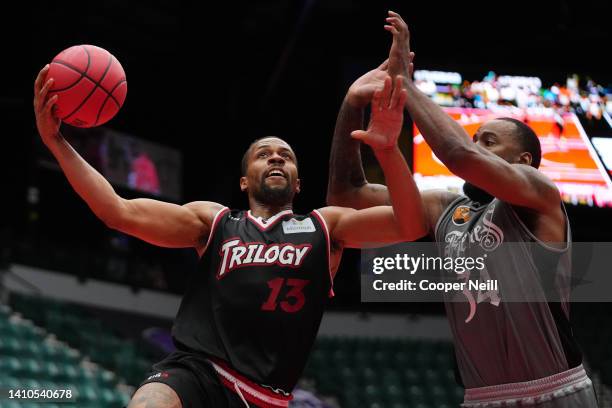 Isaiah Briscoe of the Trilogy elevates for the layup against Keith Benson of the Enemies during BIG3 Week Six at Comerica Center on July 23, 2022 in...