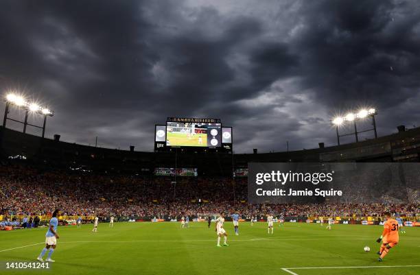 General view of play during the pre-season friendly match between Bayern Munich and Manchester City at Lambeau Field on July 23, 2022 in Green Bay,...