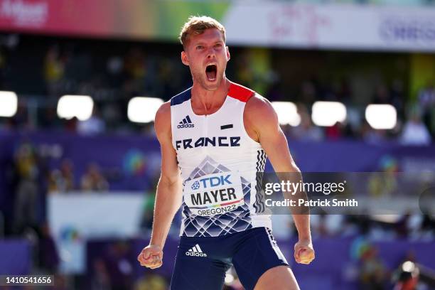 Kevin Mayer of Team France reacts after competing in the Men's Decathlon High Jump on day nine of the World Athletics Championships Oregon22 at...